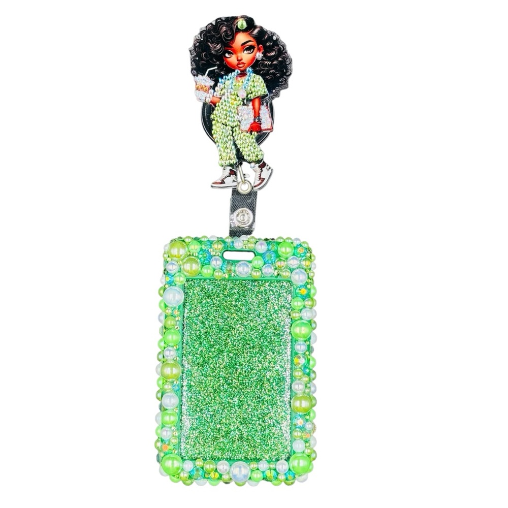Bling Pearl Fashion Work Name Badge ID Card Holder & Retractable Reel Clip Green
